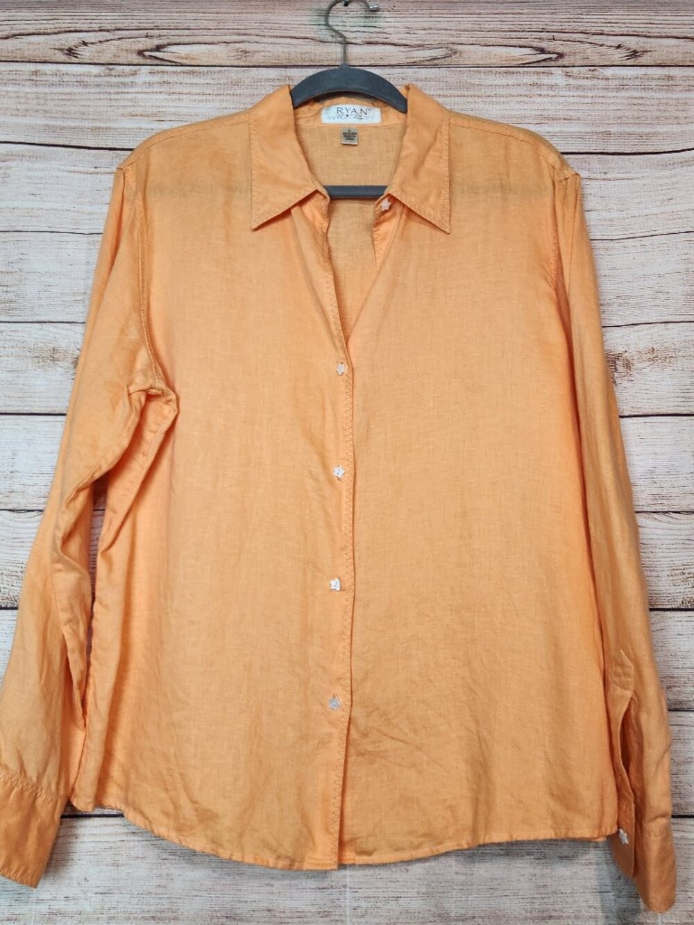 Ryan Michael Women's L Orange Linen Button-Up Shirt Long Sleeve Star Buttons